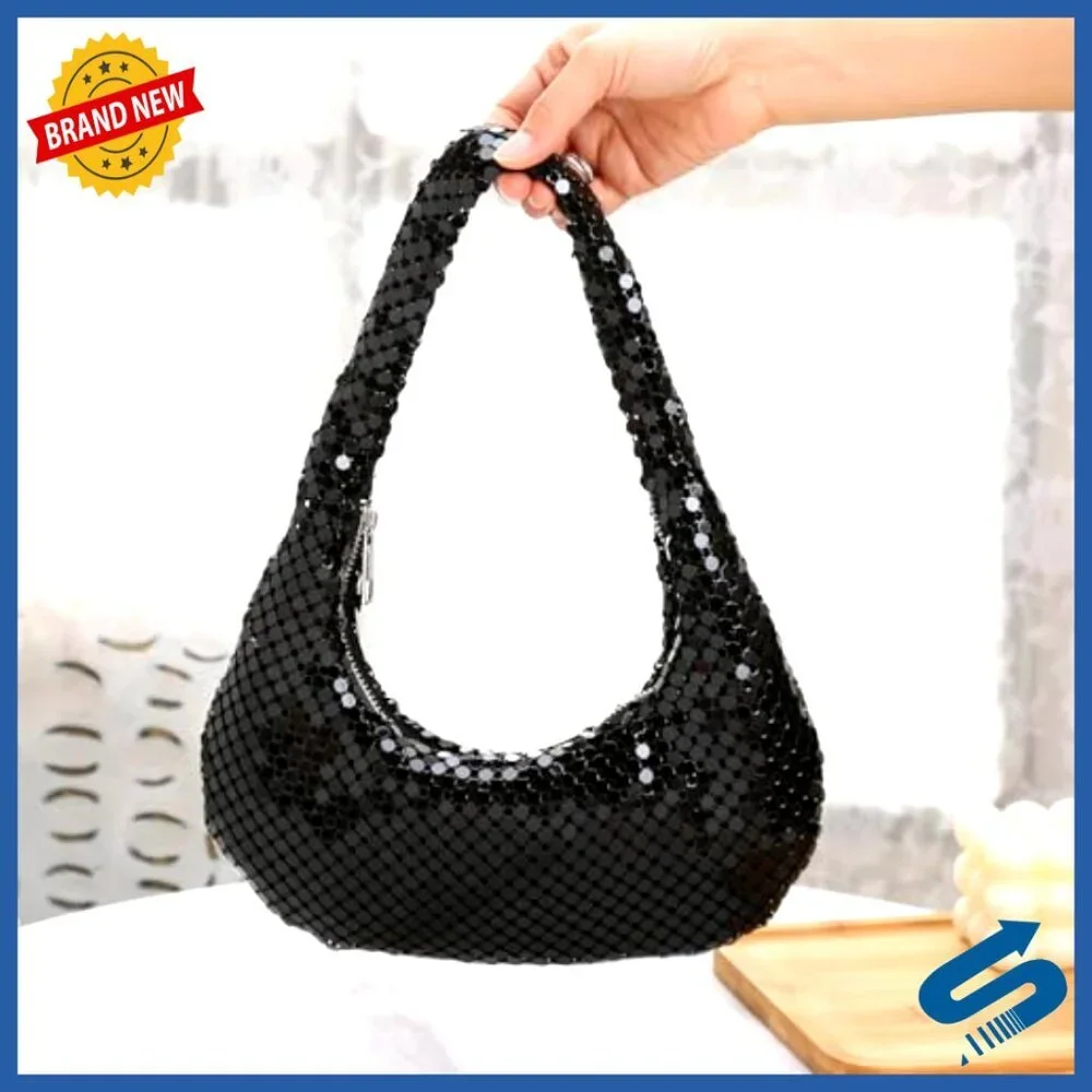 Metallic Evening Hobo Bag Shiny Moon Shape Shoulder Purse Chic Party
